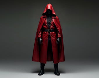 Genuine Red Leather Hooded Cloak: Medieval LARP Gothic Costume
