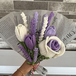 Crochet Lavender Bouquet, Handmade Knit Flowers, Amigurumi Flower Arrangement, Crochet Roses, Crochet Gift for Her, Home Decoration