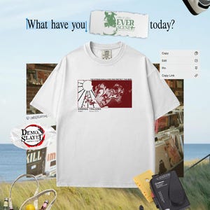 May include: White t-shirt with a red and white graphic featuring Japanese text and a character design. The image includes a tote bag, cassette player, sneakers, and the text "What have you today?" and "Demon Slayer".