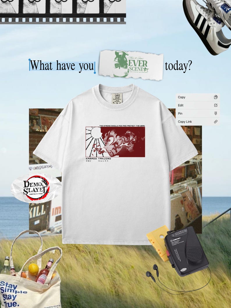 May include: White t-shirt with a red and white graphic featuring Japanese text and a character design. The image includes a tote bag, cassette player, sneakers, and the text "What have you today?" and "Demon Slayer".