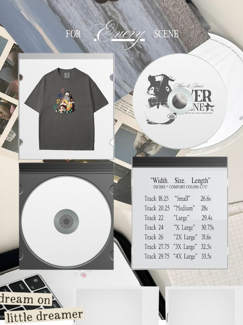 Peut inclure: T-shirt gris fonc&eacute; avec un graphisme color&eacute; de personnages de dessins anim&eacute;s. Un CD avec le texte "Mars & Jean's" et "VER NE" est visible. L'image comprend &eacute;galement une liste des tailles et longueurs des pistes en pouces.