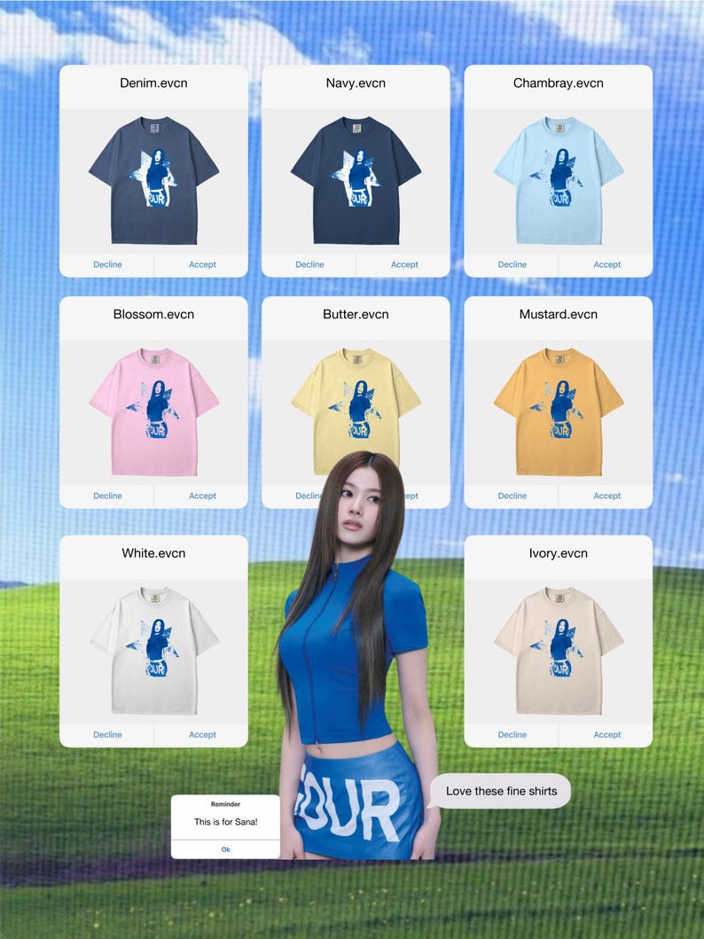 May include: A selection of t-shirts in shades like denim, navy, light blue, pink, yellow, orange, white, and cream. Each shirt displays a graphic and the word "PUR". The image also shows a woman in blue clothing and the text "Love these fine shirts".