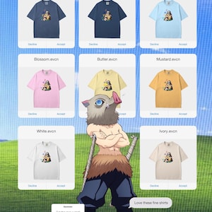 Peut inclure: Plusieurs t-shirts de couleurs vari&eacute;es, comme le denim, le bleu marine et l'ivoire, avec des motifs graphiques. L'image pr&eacute;sente les chemises avec des boutons "Refuser" et "Accepter". Un personnage de dessin anim&eacute; est &eacute;galement pr&eacute;sent, avec le texte "Get this man a shirt!" et "Love these fine shirts".