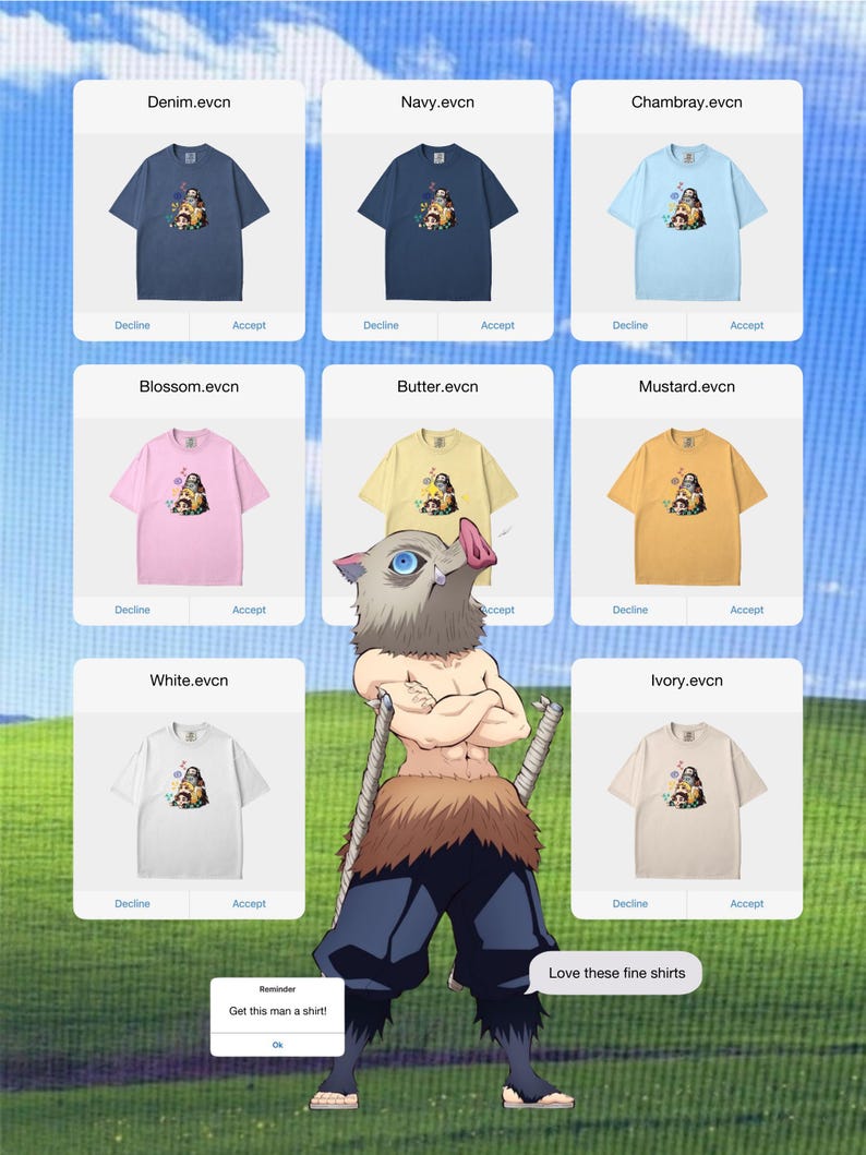 Peut inclure: Plusieurs t-shirts de couleurs vari&eacute;es, comme le denim, le bleu marine et l'ivoire, avec des motifs graphiques. L'image pr&eacute;sente les chemises avec des boutons "Refuser" et "Accepter". Un personnage de dessin anim&eacute; est &eacute;galement pr&eacute;sent, avec le texte "Get this man a shirt!" et "Love these fine shirts".