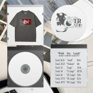 May include: A dark gray t-shirt with a graphic design on the front, a CD with a black and white illustration, and a CD case with a white CD inside. The text "FOR Every SCENE" is at the top. A chart shows track sizes and lengths.