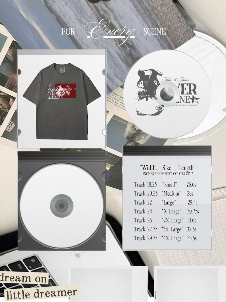 May include: A dark gray t-shirt with a graphic design on the front, a CD with a black and white illustration, and a CD case with a white CD inside. The text "FOR Every SCENE" is at the top. A chart shows track sizes and lengths.
