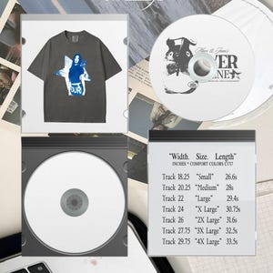 May include: Charcoal grey t-shirt featuring a blue graphic of a woman within a star and the word "OUR". A CD case and a CD with a monochrome design are also present. The image includes the text "FOR EVERY SCENE" and "Width. Size. Length."