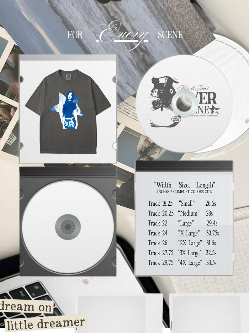 May include: Charcoal grey t-shirt featuring a blue graphic of a woman within a star and the word "OUR". A CD case and a CD with a monochrome design are also present. The image includes the text "FOR EVERY SCENE" and "Width. Size. Length."