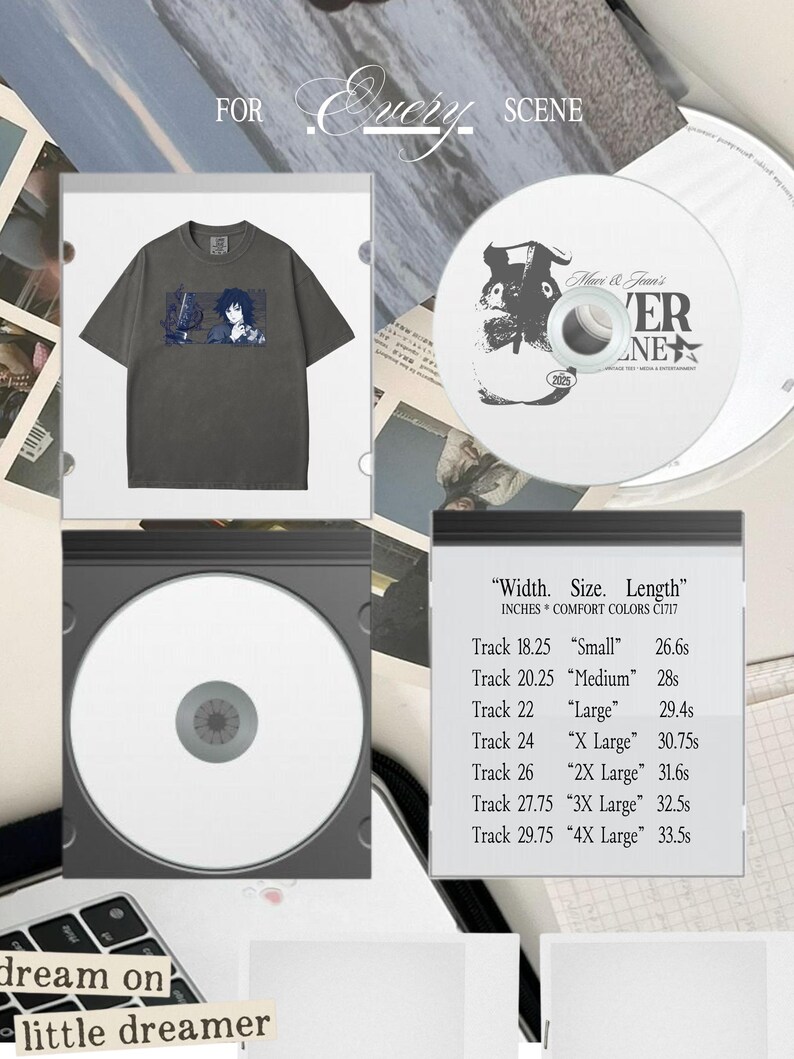 May include: A dark grey t-shirt with a blue graphic, a CD with a black and white design, and a CD case with a white CD. The image also includes text that says "FOR EVERY SCENE" and "dream on little dreamer."