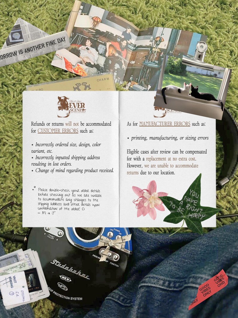 May include: A collection of items on a green surface, including a CD player, a magazine, and a printed page with text about returns. There are also photos, a flower, and a leaf with text that says "You have a right to be happy".