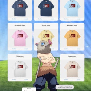 May include: A collection of short-sleeved t-shirts in various colors, including denim, navy, chambray, blossom, butter, mustard, white, and ivory. Each shirt features a graphic design. The image also includes a cartoon character and text that reads "Get this man a shirt!" and "Love these fine shirts."