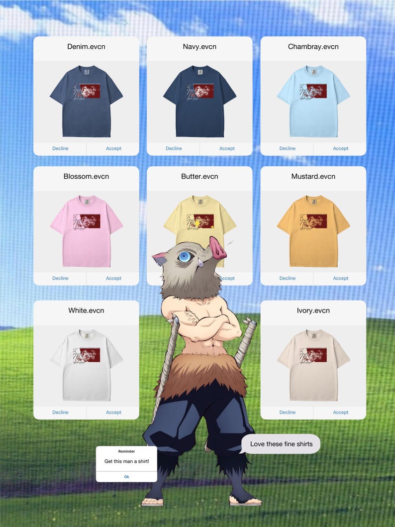 May include: A collection of short-sleeved t-shirts in various colors, including denim, navy, chambray, blossom, butter, mustard, white, and ivory. Each shirt features a graphic design. The image also includes a cartoon character and text that reads "Get this man a shirt!" and "Love these fine shirts."