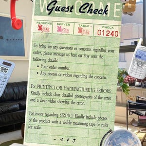 May include: A vintage-style "Guest Check" notepad with green grid lines and the text "Guest Check." The notepad includes instructions for Etsy order inquiries. A red rotary phone, a globe, and a toy VW bus are also visible.