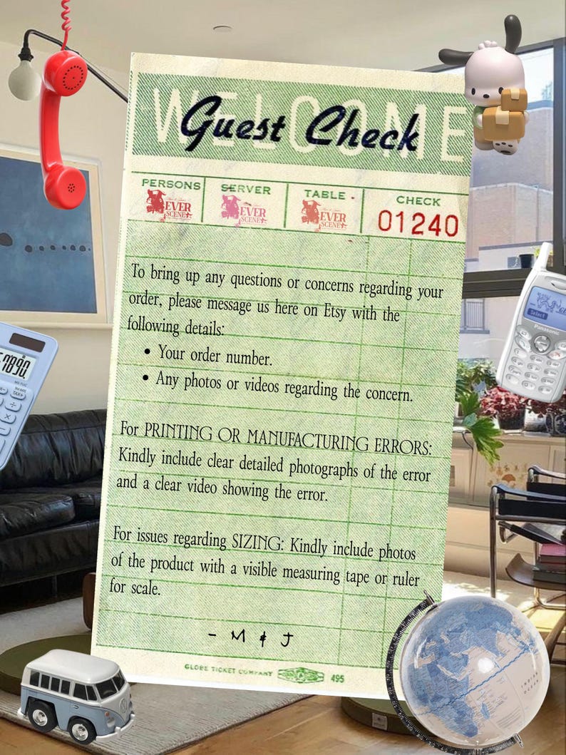 May include: A vintage-style "Guest Check" notepad with green grid lines and the text "Guest Check." The notepad includes instructions for Etsy order inquiries. A red rotary phone, a globe, and a toy VW bus are also visible.