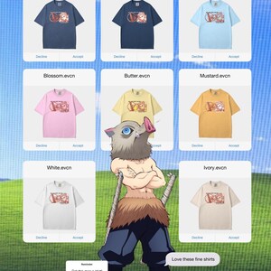 May include: A variety of short-sleeved t-shirts in different colors, including denim, navy, chambray, blossom, butter, mustard, white, and ivory. Each shirt features a graphic design and the text "Denim.evcn", "Navy.evcn", etc. A cartoon character is also in the image.