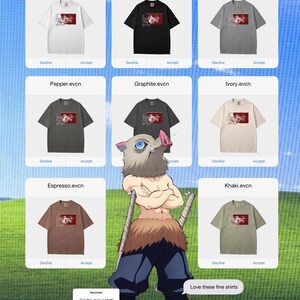 May include: A variety of t-shirts in different colors, including white, black, grey, pepper, graphite, ivory, espresso, and khaki. Each shirt features a graphic design and the text "evcn". A cartoon character is in the foreground.