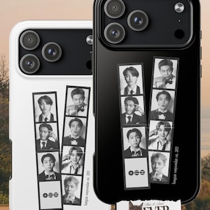 May include: Two phone cases, one black and one white, each with a strip of black and white photo booth-style images of a musical group. The black case has a black camera module. The white case has a white camera module. The cases have the text "bangtan sonyeondan est. 2013".