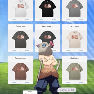 May include: A collection of t-shirts in various colors, including white, black, grey, pepper, graphite, ivory, espresso, and khaki. Each shirt features a graphic design and the text "evcn". A cartoon character is also present in the image.