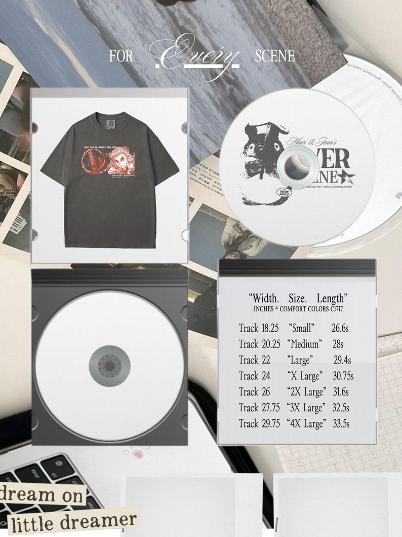 May include: A dark gray t-shirt with a graphic design and the text "Get Your Heart Racing". A CD with a black and white design and the text "Mars & Jean's" and "VER NE". A black CD case with a white CD inside. Text on the image: "dream on little dreamer".
