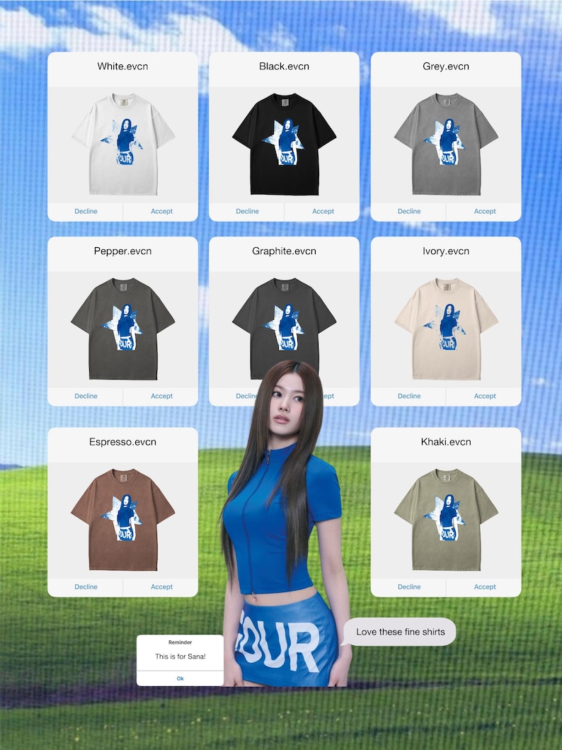 May include: A selection of t-shirts in colours such as white, black, grey, pepper, graphite, ivory, espresso, and khaki. Each shirt displays a graphic design with the word "UR" and a female figure. The image also features a woman in a blue outfit.