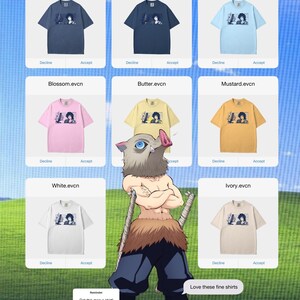 May include: Nine short-sleeved t-shirts in shades like denim, navy, chambray, blossom, butter, mustard, white, and ivory. Each shirt has a graphic and the text "evcn". A cartoon character is in front of the shirts. Text reads "Love these fine shirts".