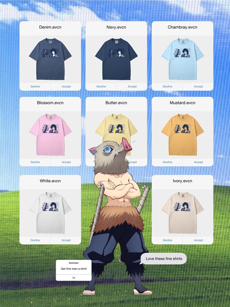 May include: Nine short-sleeved t-shirts in shades like denim, navy, chambray, blossom, butter, mustard, white, and ivory. Each shirt has a graphic and the text "evcn". A cartoon character is in front of the shirts. Text reads "Love these fine shirts".