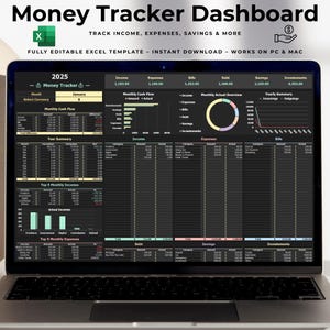 May include: A laptop screen displaying a "Money Tracker Dashboard" in a spreadsheet format. The Excel template shows income, expenses, savings, and more. The screen displays charts and tables with financial data, including the year 2025 and the month of January.