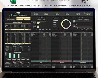 Automated Excel Budget Tracker Personal Finance Spreadsheet Yearly Dashboard Monthly Paycheck Planner Income Expense Debt Bills Dark Mode
