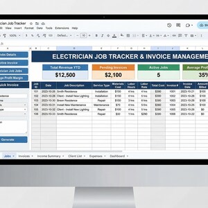 Electrician Job Tracker | Excel & Google Sheets Template | Invoice + Income Summary | Small Business Spreadsheet