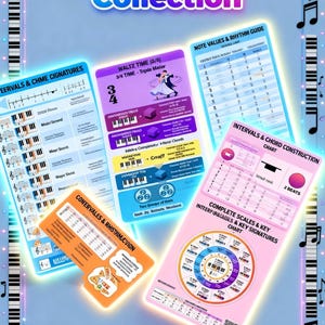 May include: A collection of music theory charts with the title "Ultimate Music Theory Collection". The charts cover topics like intervals, chords, scales, key signatures, and note values. The image includes a piano keyboard graphic and musical notes.