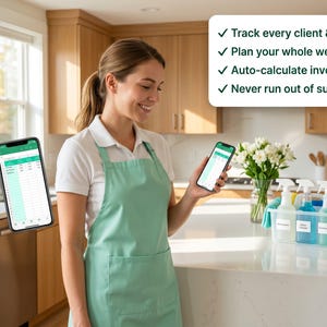 Op de afbeelding: Een lichtgroen schort over een wit poloshirt, met een smartphone die een spreadsheet toont en een mandje met schoonmaakmiddelen. Een tekstvak vermeldt: Track every client & job, Plan your whole week, Auto-calculate invoices, Never run out of supplies.