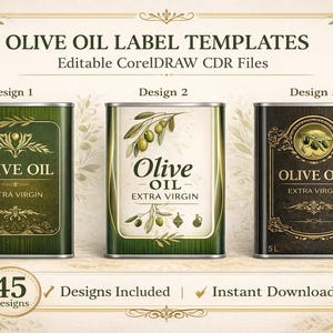 Op de afbeelding: Een afbeelding met drie sjablonen voor olijfolielabels op rechthoekige blikken. De labels tonen de tekst "Olive Oil Extra Virgin" en illustraties van olijftakken. De afbeelding bevat ook de tekst "Olive Oil Label Templates" en "45 Designs Included".