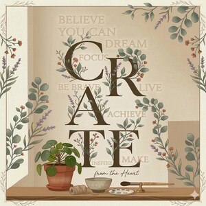 May include: A decorative print with the word "CREATE" in large letters, adorned with floral accents. The print includes inspirational words like "BELIEVE," "DREAM," and "INSPIRE." A potted plant, paint supplies, and the phrase "from the Heart" are also featured.