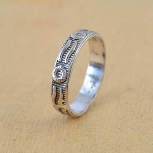 Vintage Silver Band Ring, Boho Tribal Engraved Jewelry, Handmade Sterling Silver Ring, Ethnic Patterned Band for Men and Women