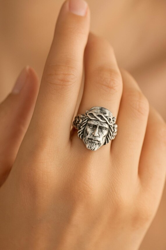 Jesus Face Ring in Gold and Silver, Religious Jewelry, Christian