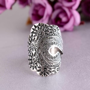 Boho Tribal Brass Ring for Women, Adjustable Wide Band Ethnic Ring, Antique Silver Finish, Engraved Mandala Statement Jewelry