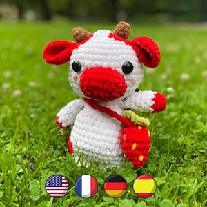 Patrón de crochet de vaca fresa (PDF), peluche de vaca amigurumi kawaii, peluche tierno, juguete de crochet DIY, idea de regalo para principiantes, tutorial de peluche