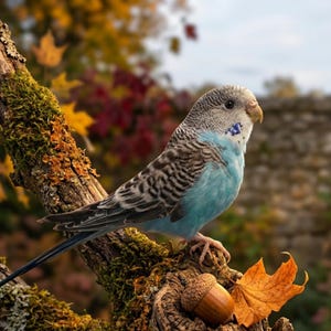 May include: A blue and gray parakeet perched on a mossy tree branch with an acorn and a fall leaf. The bird has a blue chest and head markings. The background features fall foliage and a stone wall.