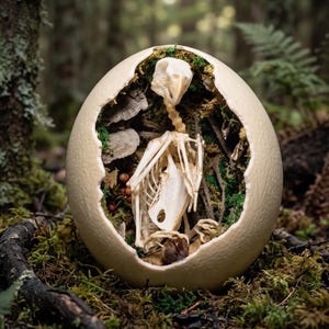 May include: A large, off-white, hollowed-out eggshell containing a small, articulated bird skeleton. The interior is filled with green moss, small brown twigs, dried fungi, and tiny red berries, creating a naturalistic, diorama-like display.