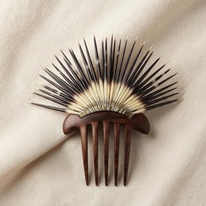 Puede incluir: Una peineta con una base de madera de color marr&oacute;n oscuro con cinco dientes y una disposici&oacute;n en abanico de largas p&uacute;as de puercoesp&iacute;n. Las p&uacute;as son de color crema en la base y se tornan de color marr&oacute;n oscuro y negro en las puntas.