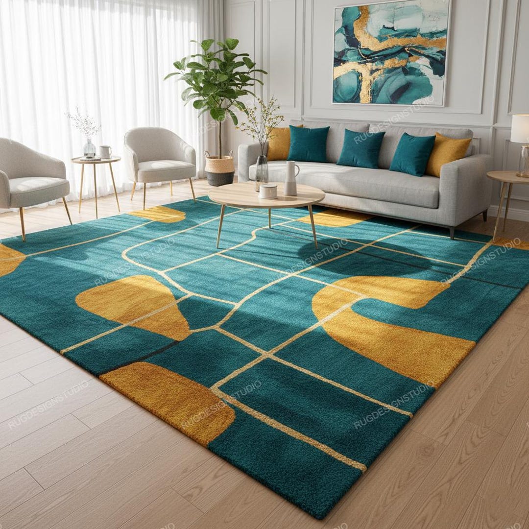 Modern Teal and Mustard Abstract Rug | Hand Tufted Wool Carpet ...