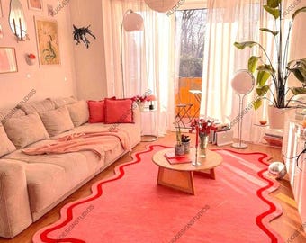 Alfombra rosa y roja con bordes festoneados. Alfombra de lana de primera calidad, hecha a mano, ideal para dormitorios, salas de estar, recibidores, cocinas y oficinas.