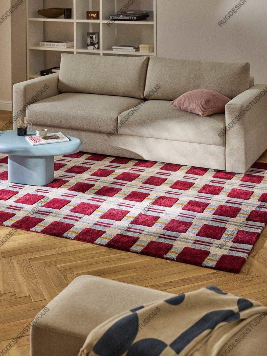 Tufted Check Rug Hand Tufted Checkered Modern Rug | Red and Gray Geometric Pattern ...