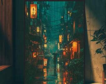 Op de afbeelding: Een rechthoekige wandkunstprint met een smalle, door regen glanzende stadsstraat bij nacht. De scène toont gloeiende oranje lantaarns, verticale borden met Aziatische karakters en het silhouet van een persoon met een paraplu in het midden.