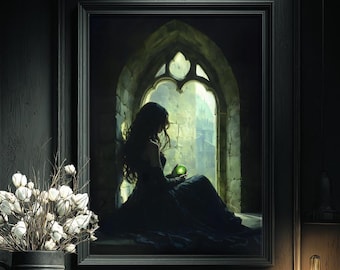 May include: A framed wall art print depicting a silhouette of a person in a dark dress sitting in a stone archway holding a glowing green orb. The artwork is displayed on a dark wall next to a vase of white flowers and a lit vintage light bulb.