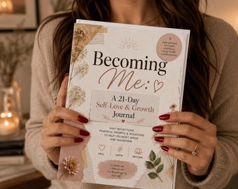 Może przedstawiać: Prezentowany jest dziennik zatytułowany "Becoming Me:". Okładka zawiera kwiatowe i geometryczne wzory z tekstem "A 21-Day Self-Love & Growth Journal." Dodatkowy tekst to "Daily Reflections, Powerful Prompts & Intentions."