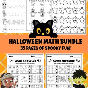 May include: Halloween-themed math activity bundle with tracing, counting, and coloring pages. Features spooky illustrations of ghosts, scarecrows, and other Halloween characters. Includes the text "Halloween Math Bundle" and "35 Pages of Spooky Fun!"