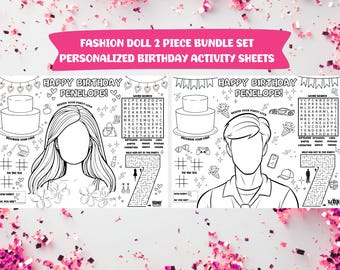 Personalized Fashion Doll Birthday Two Piece Bundle Set I Printable Party Activity Sheets (PDF File)