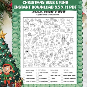 Puede incluir: Un juego de buscar y encontrar navideño en blanco y negro con varias ilustraciones temáticas de las fiestas. El juego incluye una lista de elementos para encontrar, como el saco de Papá Noel, muñecos de nieve y adornos. El texto "CHRISTMAS SEEK & FIND" está en la parte superior.