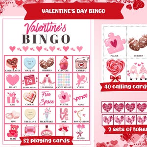 Könnte beinhalten: Valentinstag-Bingo-Spielset mit 32 Spielkarten, 40 Rufkarten und 2 Sätzen von Spielmarken. Das Spiel zeigt rosa und rote Herzen, Pralinen, Cupcakes und andere Bilder zum Valentinstag. Der Text "Valentine's Bingo" ist prominent dargestellt.